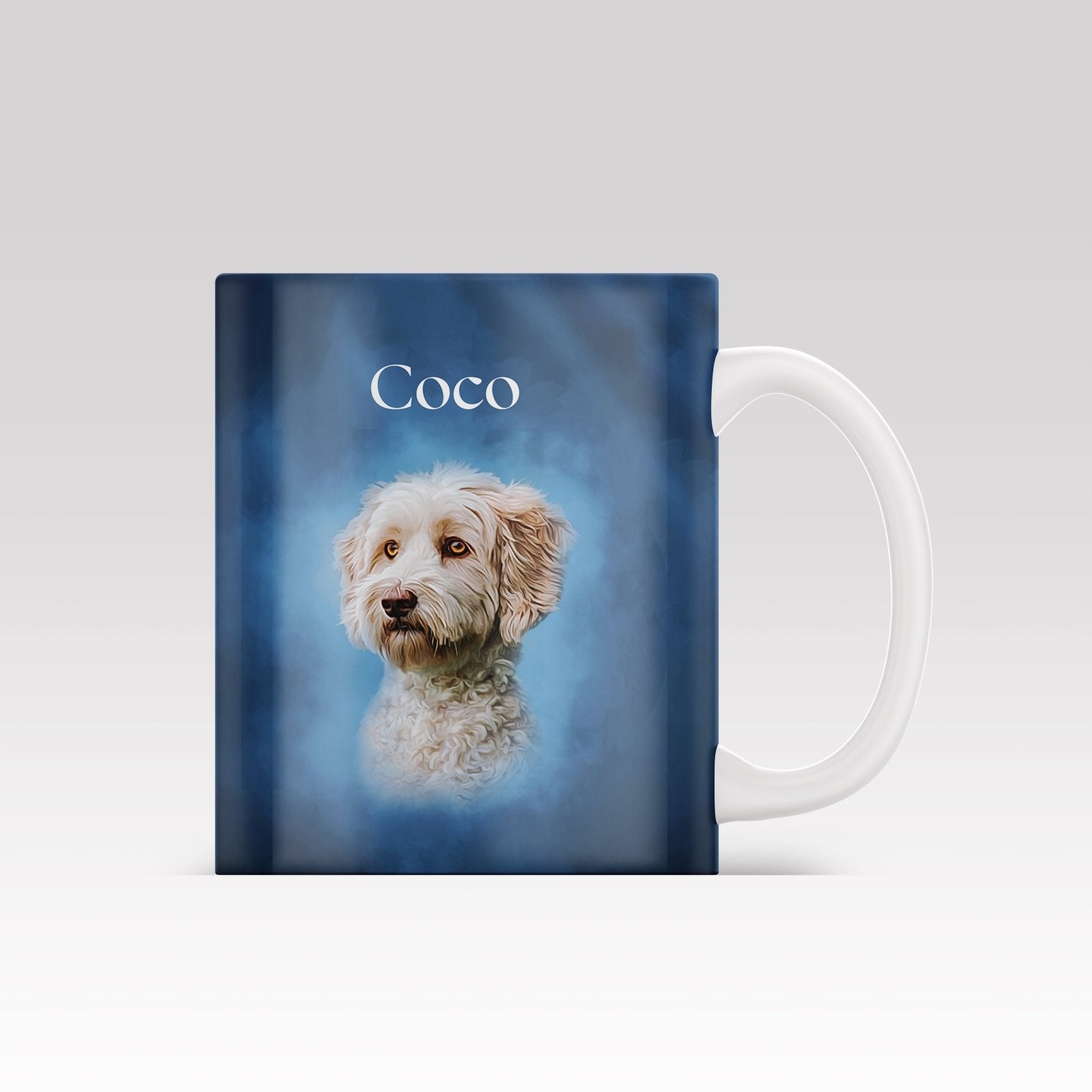 Custom ceramic mug featuring a digital oil painting-style pet portrait of a cat or dog, based on customer-submitted photo