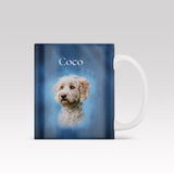 Custom ceramic mug featuring a digital oil painting-style pet portrait of a cat or dog, based on customer-submitted photo