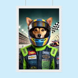 Custom pet portrait of a dog or cat dressed as a racecar driver in a racing suit, hand-illustrated in a motorsport theme using a customer-submitted photo