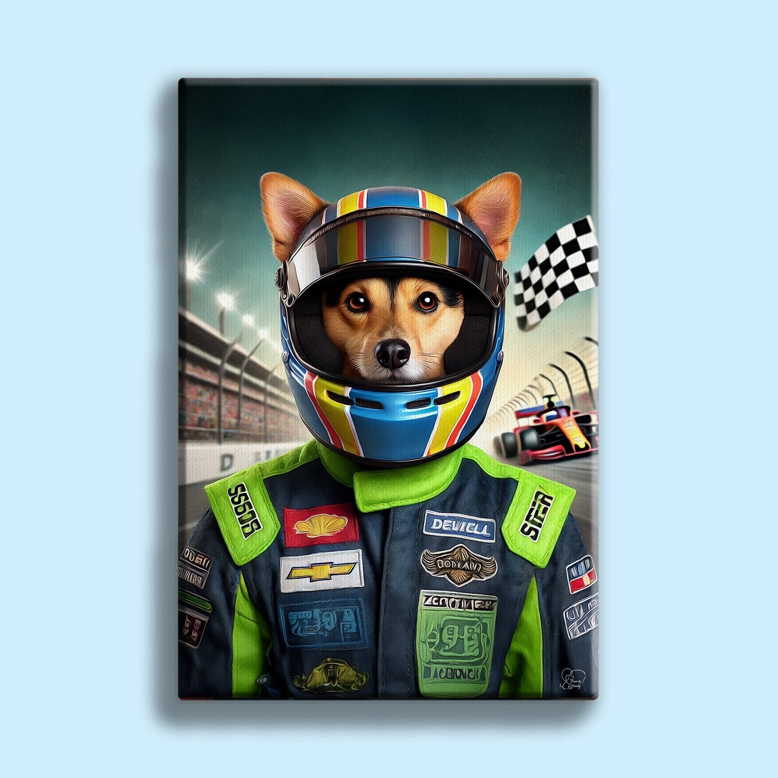 Custom pet portrait of a dog or cat dressed as a racecar driver in a racing suit, hand-illustrated in a motorsport theme using a customer-submitted photo