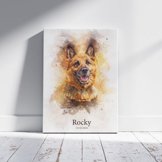 Custom watercolor pet portrait featuring a dog or cat, created with soft, delicate watercolor strokes that highlight their features