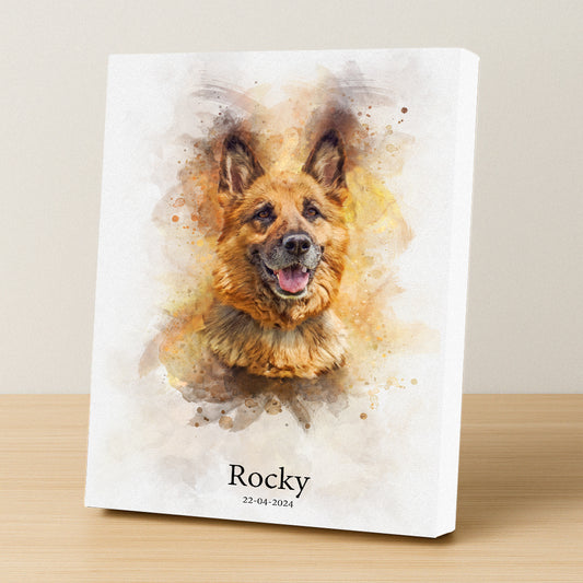 Custom watercolor pet portrait featuring a dog or cat, created with soft, delicate watercolor strokes that highlight their features