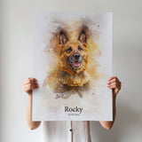 Custom watercolor pet portrait featuring a dog or cat, created with soft, delicate watercolor strokes that highlight their features