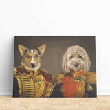 Custom pet portrait featuring two dogs or cats dressed in regal military uniforms, standing side by side with medals and proud expressions