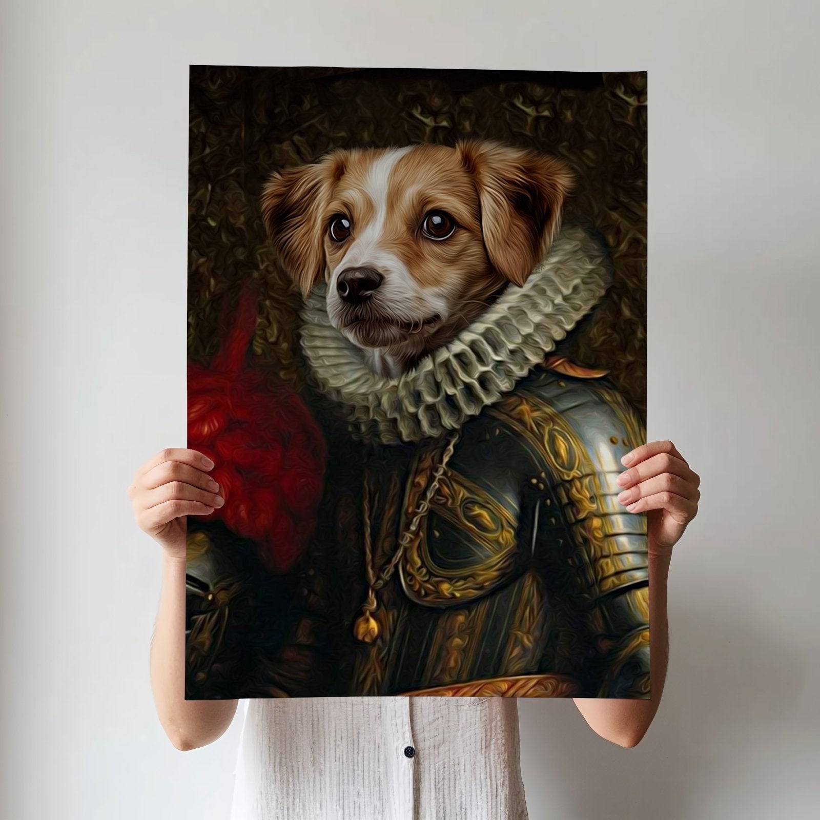 Custom royal pet portrait featuring a dog or cat dressed in regal attire, with aristocratic details and a sophisticated background
