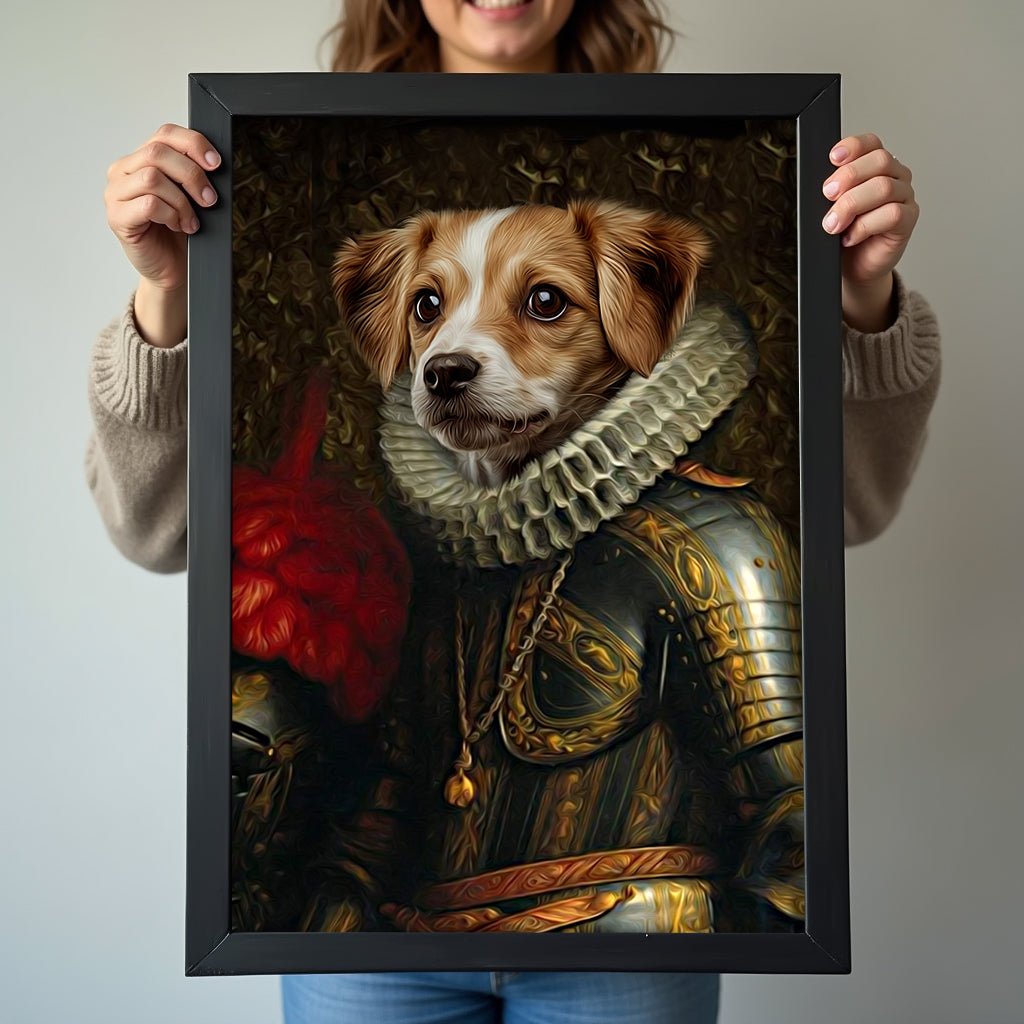 Custom royal pet portrait featuring a dog or cat dressed in regal attire, with aristocratic details and a sophisticated background