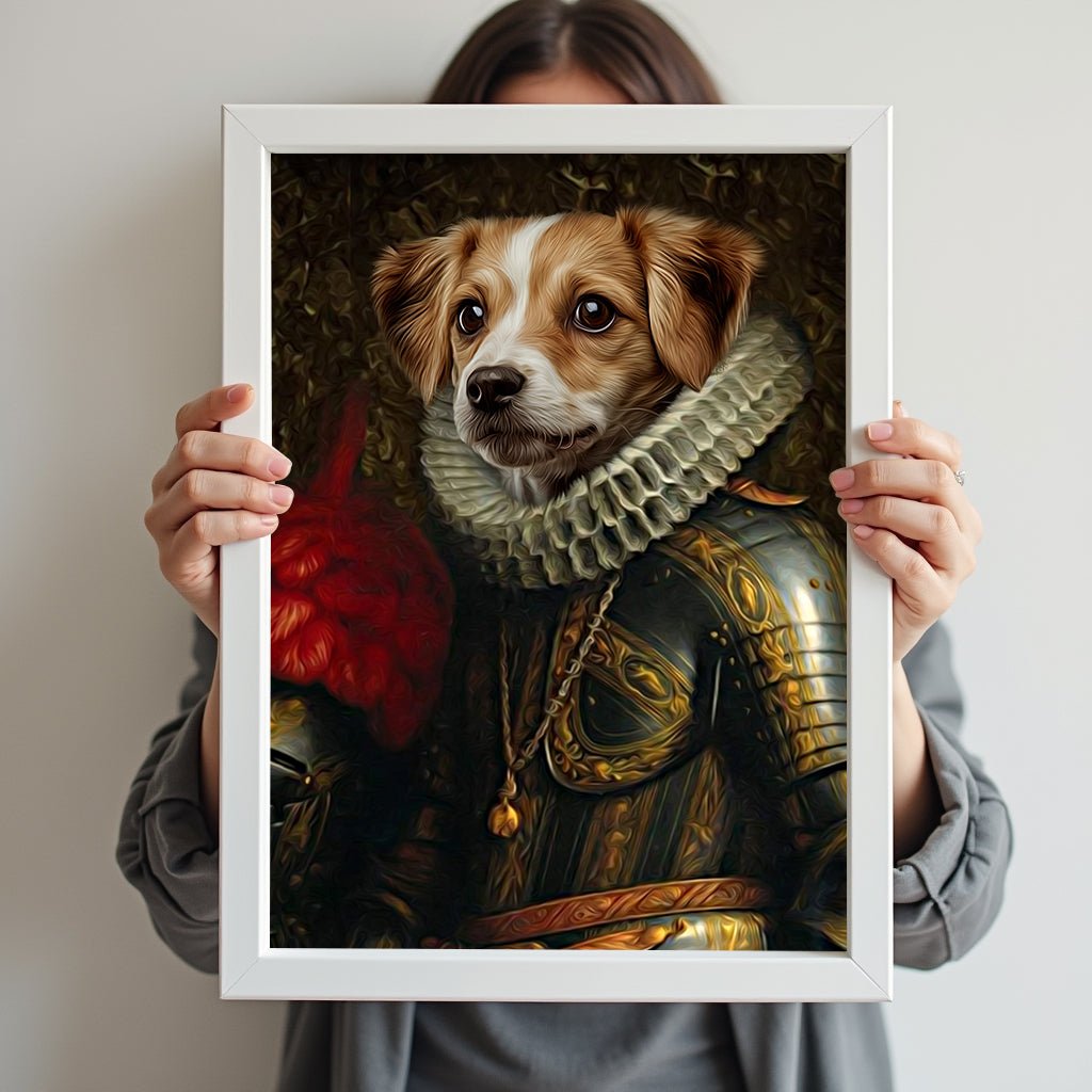 Custom royal pet portrait featuring a dog or cat dressed in regal attire, with aristocratic details and a sophisticated background
