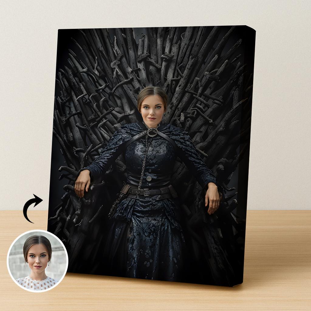 Custom Queen Portrait – Woman Sitting on Iron Throne in Black Gown