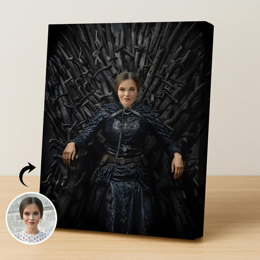 Custom Queen Portrait – Woman Sitting on Iron Throne in Black Gown