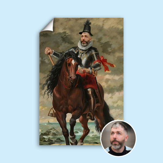 Custom Knight Portrait on Horse – Medieval Royal Artwork for Men