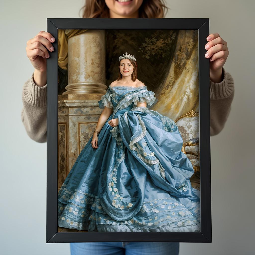 Custom Blue Dress Queen Portrait – Woman in Royal Gown with Tiara