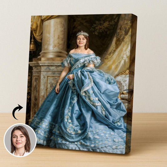 Custom Blue Dress Queen Portrait – Woman in Royal Gown with Tiara
