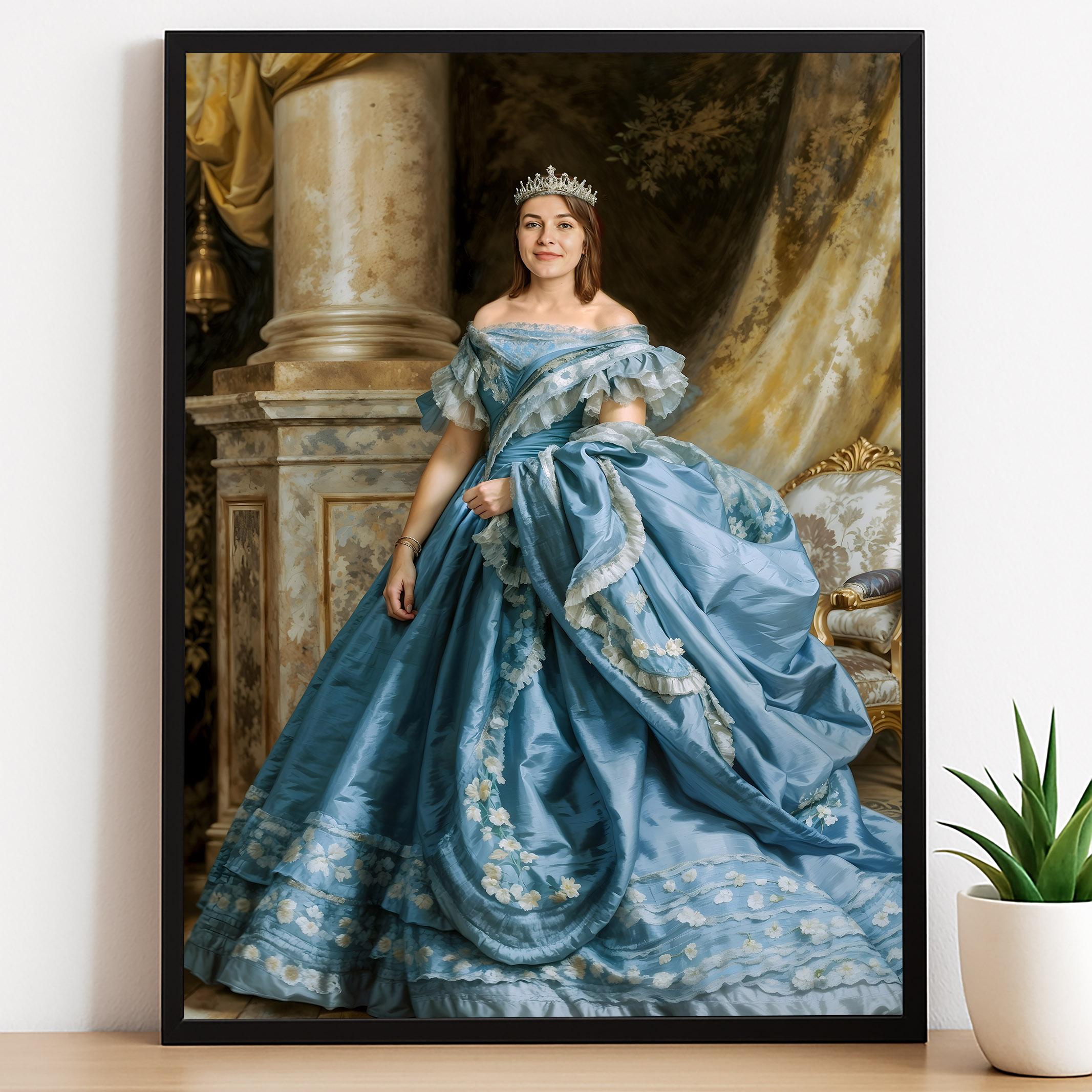 Custom Blue Dress Queen Portrait – Woman in Royal Gown with Tiara