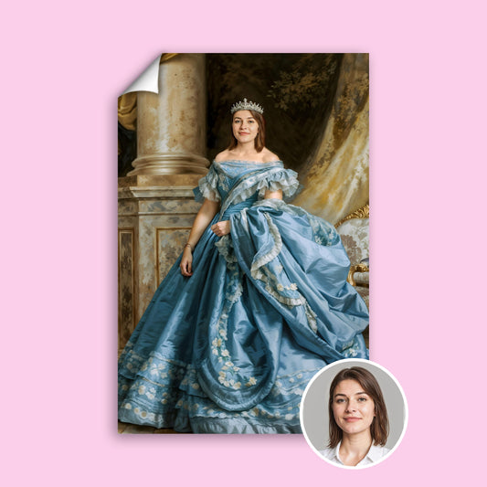 Custom Blue Dress Queen Portrait – Woman in Royal Gown with Tiara