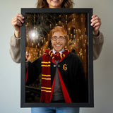 Custom Wizard Portrait – Man in Gryffindor Robe with Wand