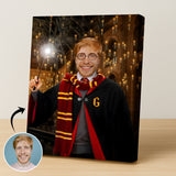 Custom Wizard Portrait – Man in Gryffindor Robe with Wand