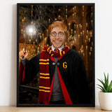 Custom Wizard Portrait – Man in Gryffindor Robe with Wand