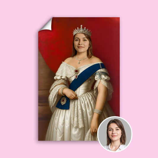 Custom Female Victorian Queen Portrait in White Dress with Crown