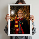 Custom Wizard Portrait – Man in Gryffindor Robe with Wand