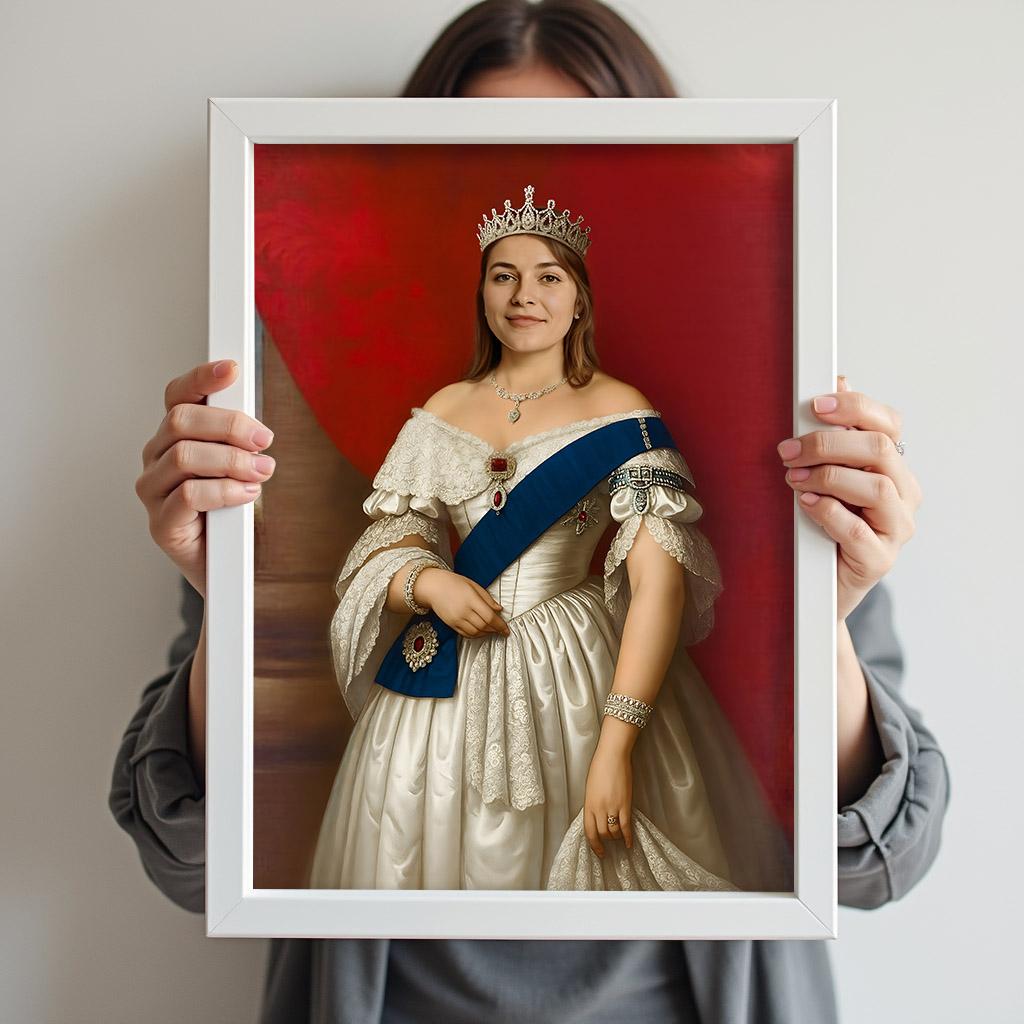 Custom Female Victorian Queen Portrait in White Dress with Crown