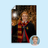 Custom Wizard Portrait – Man in Gryffindor Robe with Wand