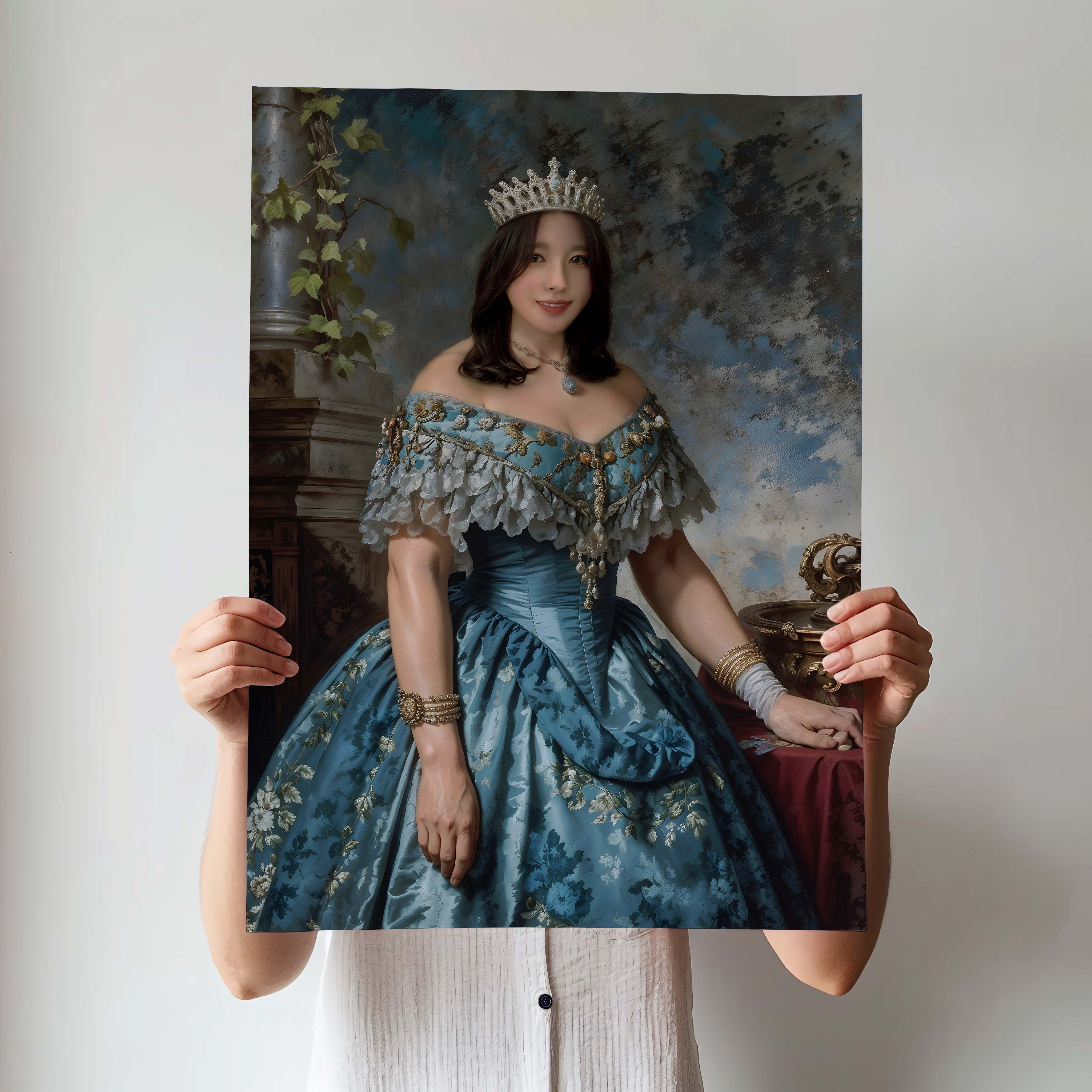 Custom Portrait of Woman as Teal Renaissance Queen with Crown