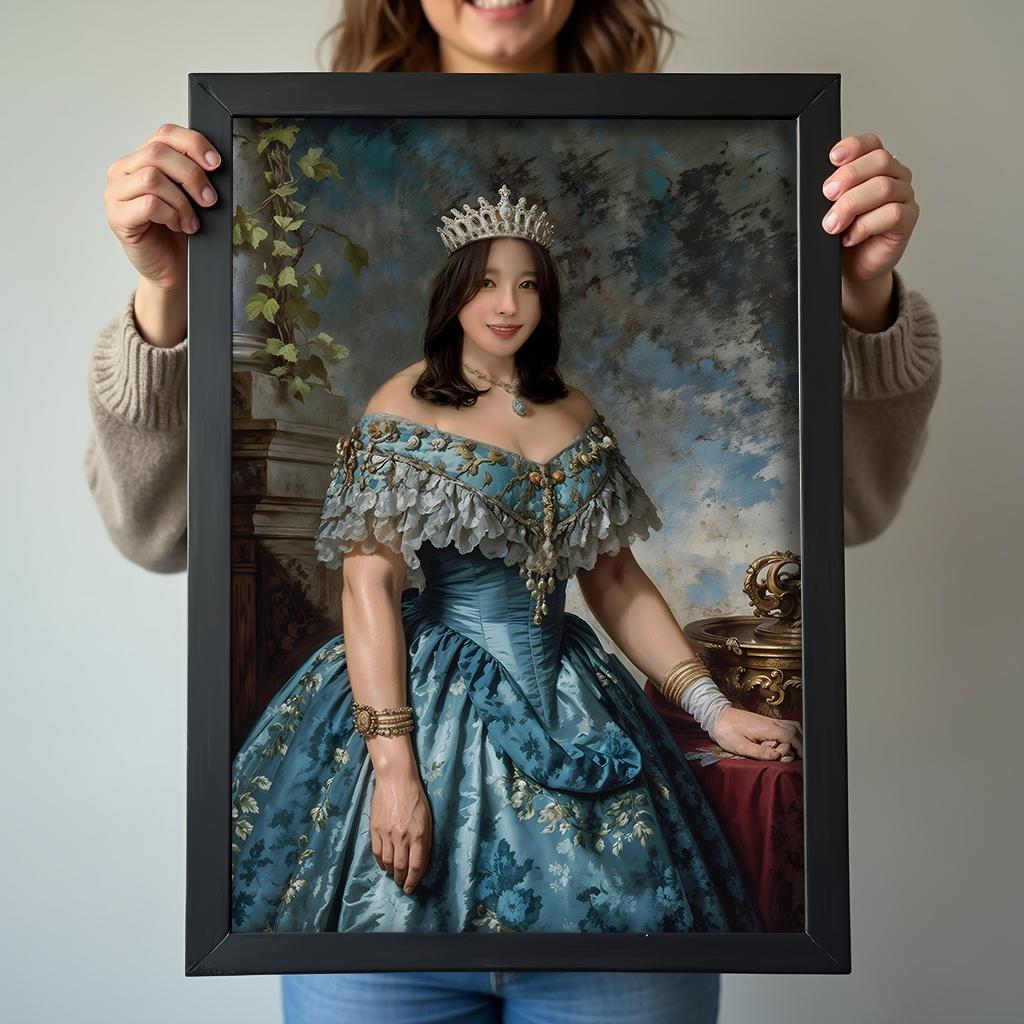Custom Portrait of Woman as Teal Renaissance Queen with Crown