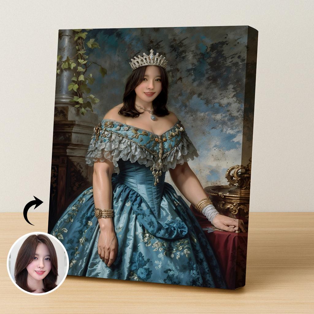 Custom Portrait of Woman as Teal Renaissance Queen with Crown