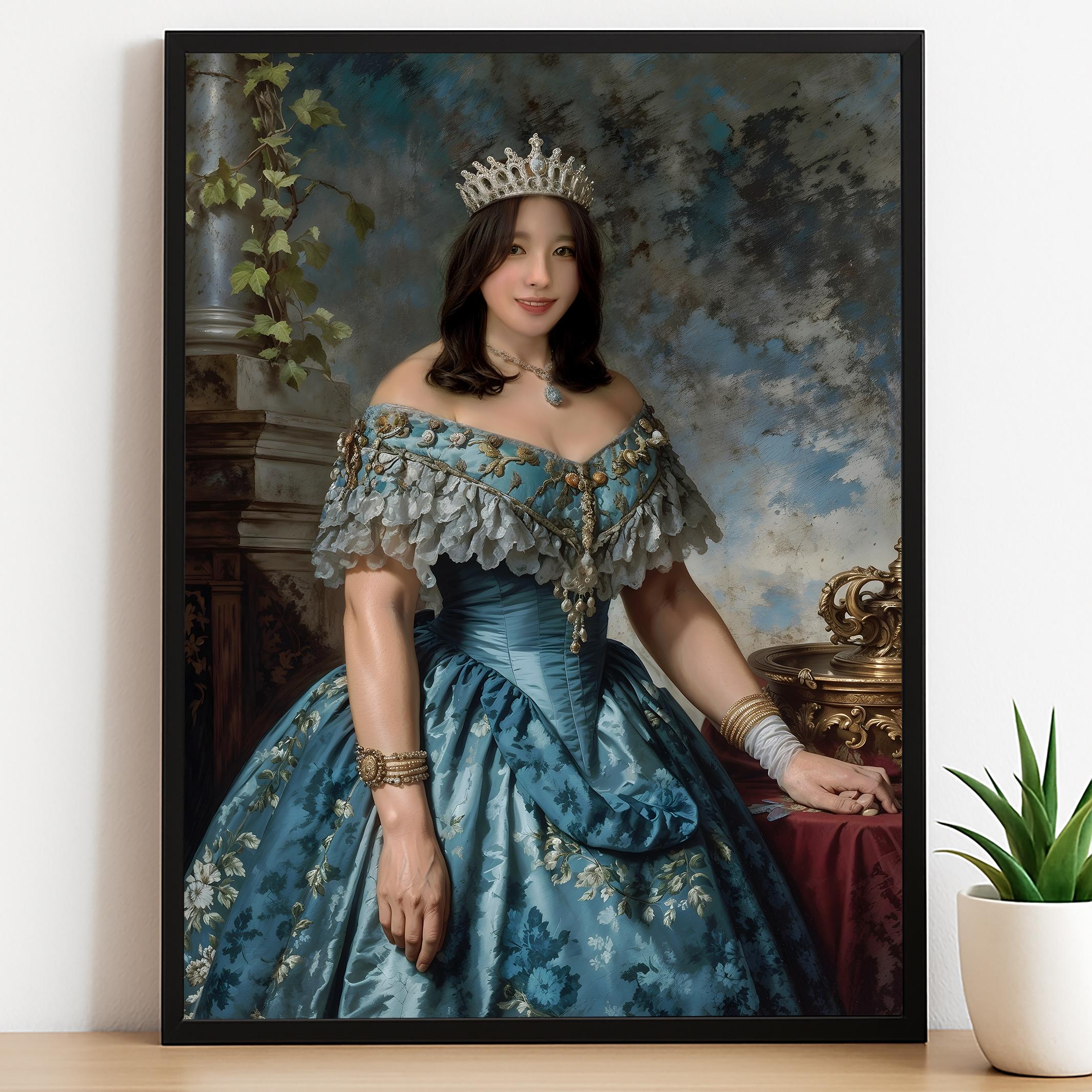 Custom Portrait of Woman as Teal Renaissance Queen with Crown