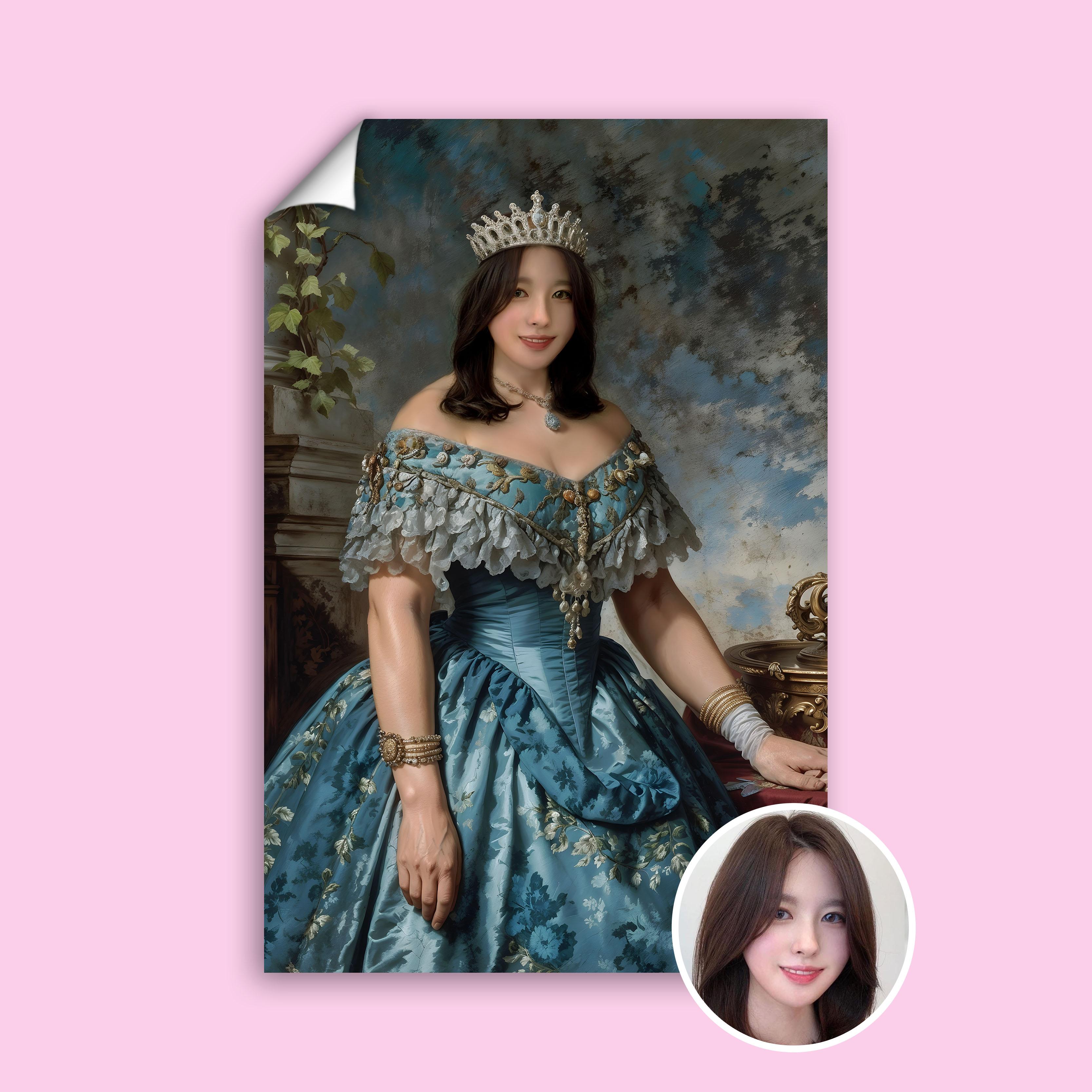 Custom Portrait of Woman as Teal Renaissance Queen with Crown