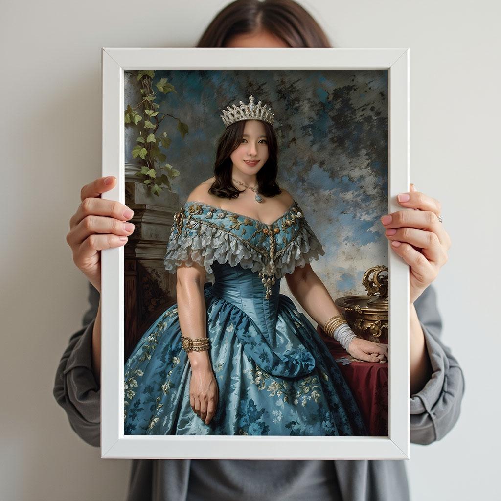 Custom Portrait of Woman as Teal Renaissance Queen with Crown
