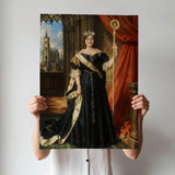 Custom Royal Cathedral Queen Portrait for Women in Navy and Gold Dress