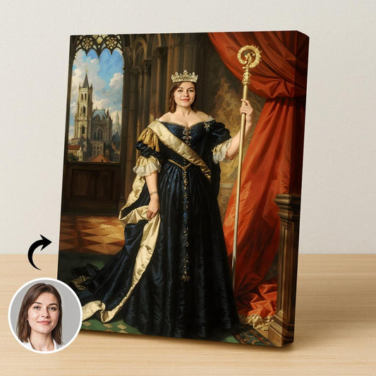 Custom Royal Cathedral Queen Portrait for Women in Navy and Gold Dress