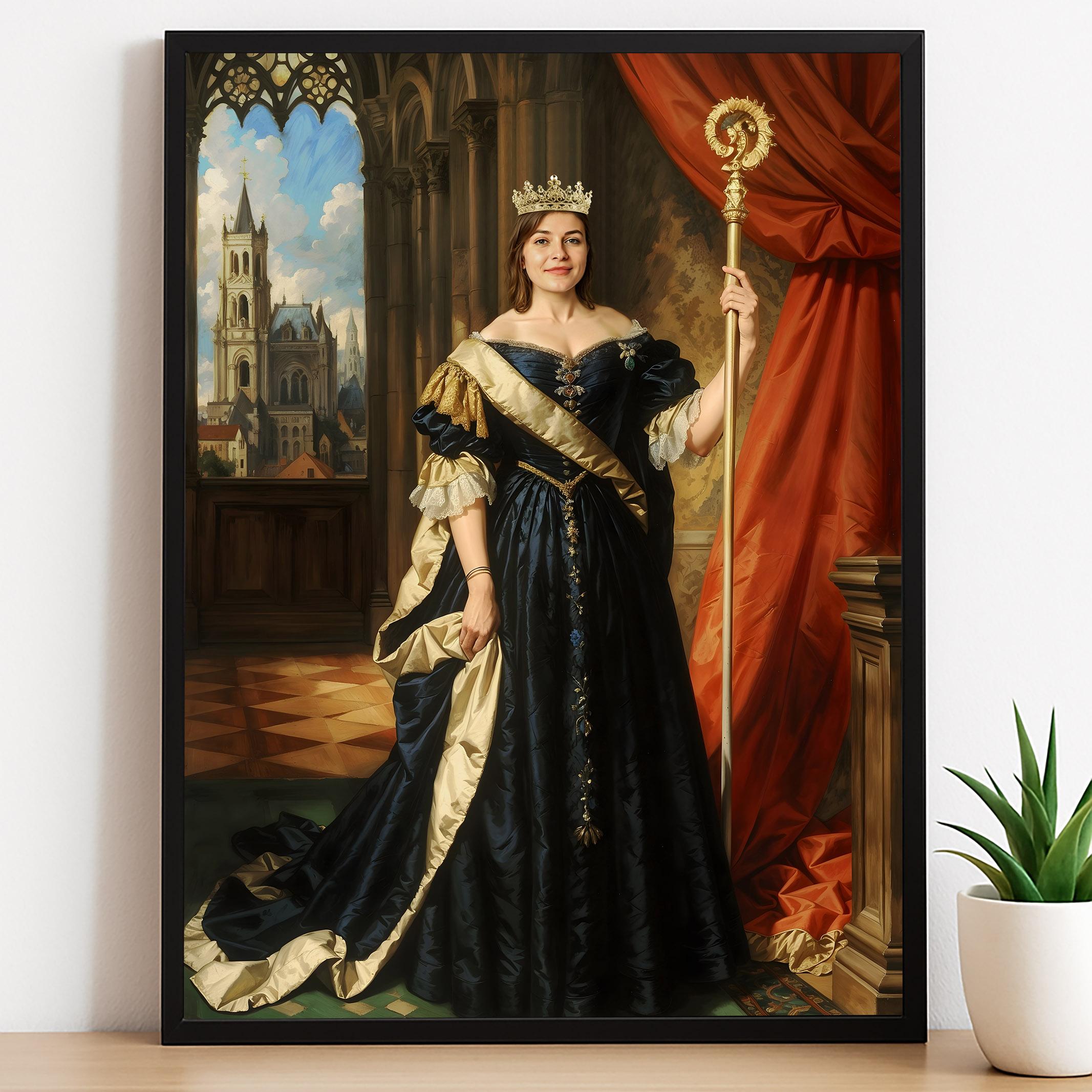 Custom Royal Cathedral Queen Portrait for Women in Navy and Gold Dress