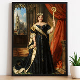 Custom Royal Cathedral Queen Portrait for Women in Navy and Gold Dress