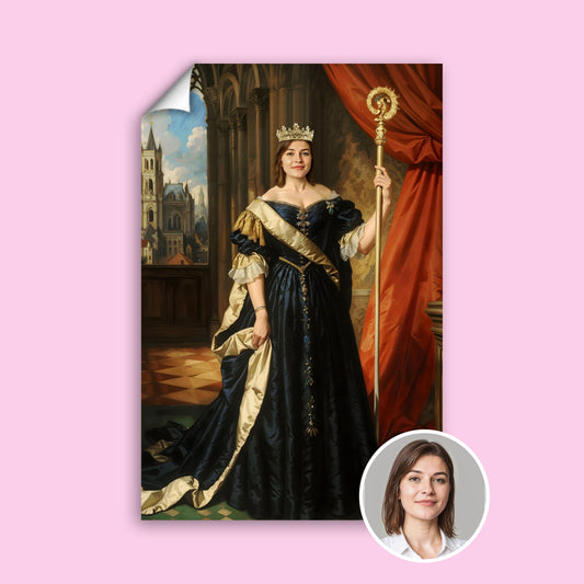 Custom Royal Cathedral Queen Portrait for Women in Navy and Gold Dress