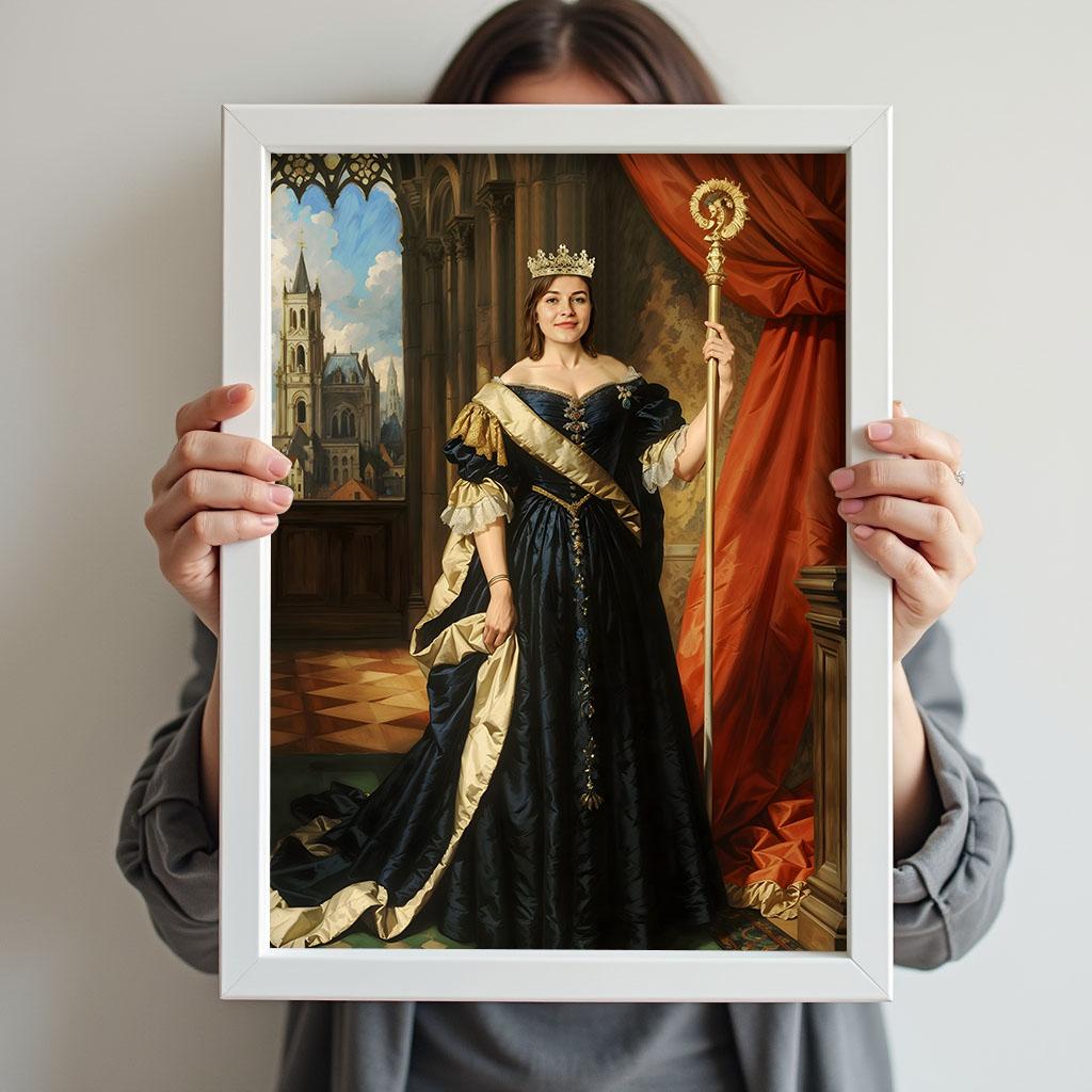 Custom Royal Cathedral Queen Portrait for Women in Navy and Gold Dress