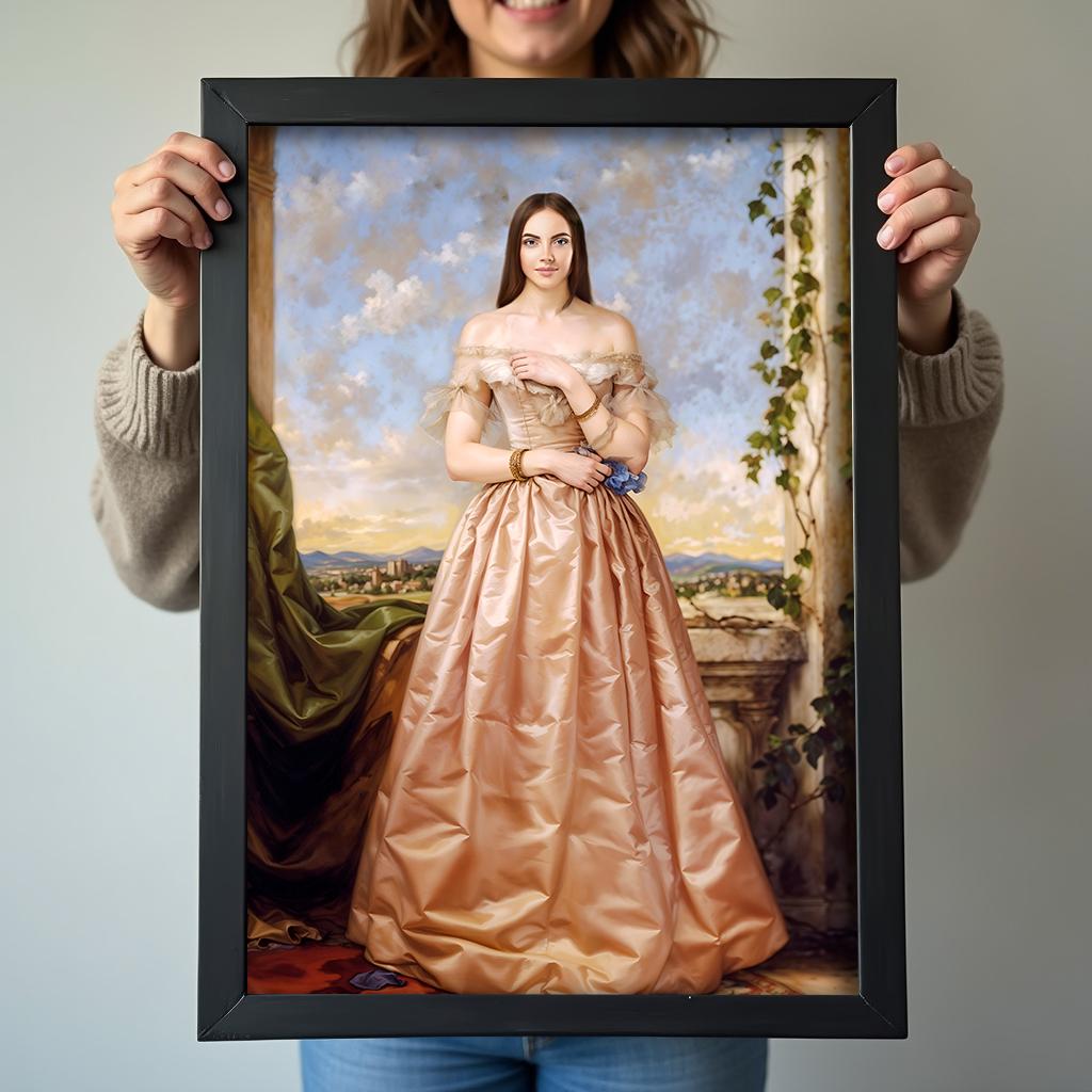 Custom Renaissance Portrait of Woman in Peach Gown and Scenic Background