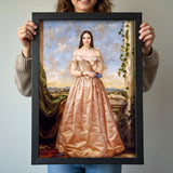 Custom Renaissance Portrait of Woman in Peach Gown and Scenic Background