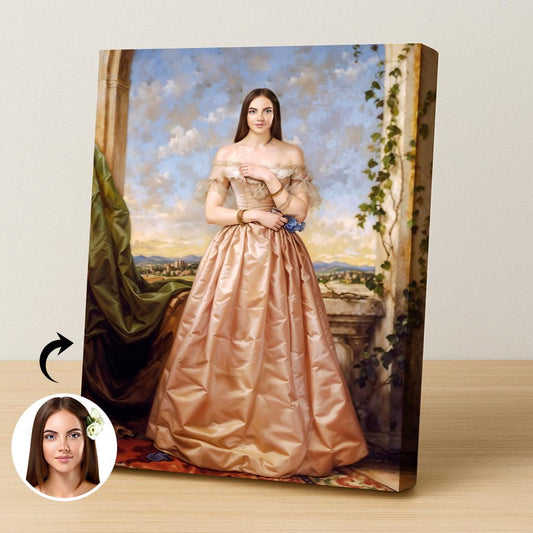 Custom Renaissance Portrait of Woman in Peach Gown and Scenic Background