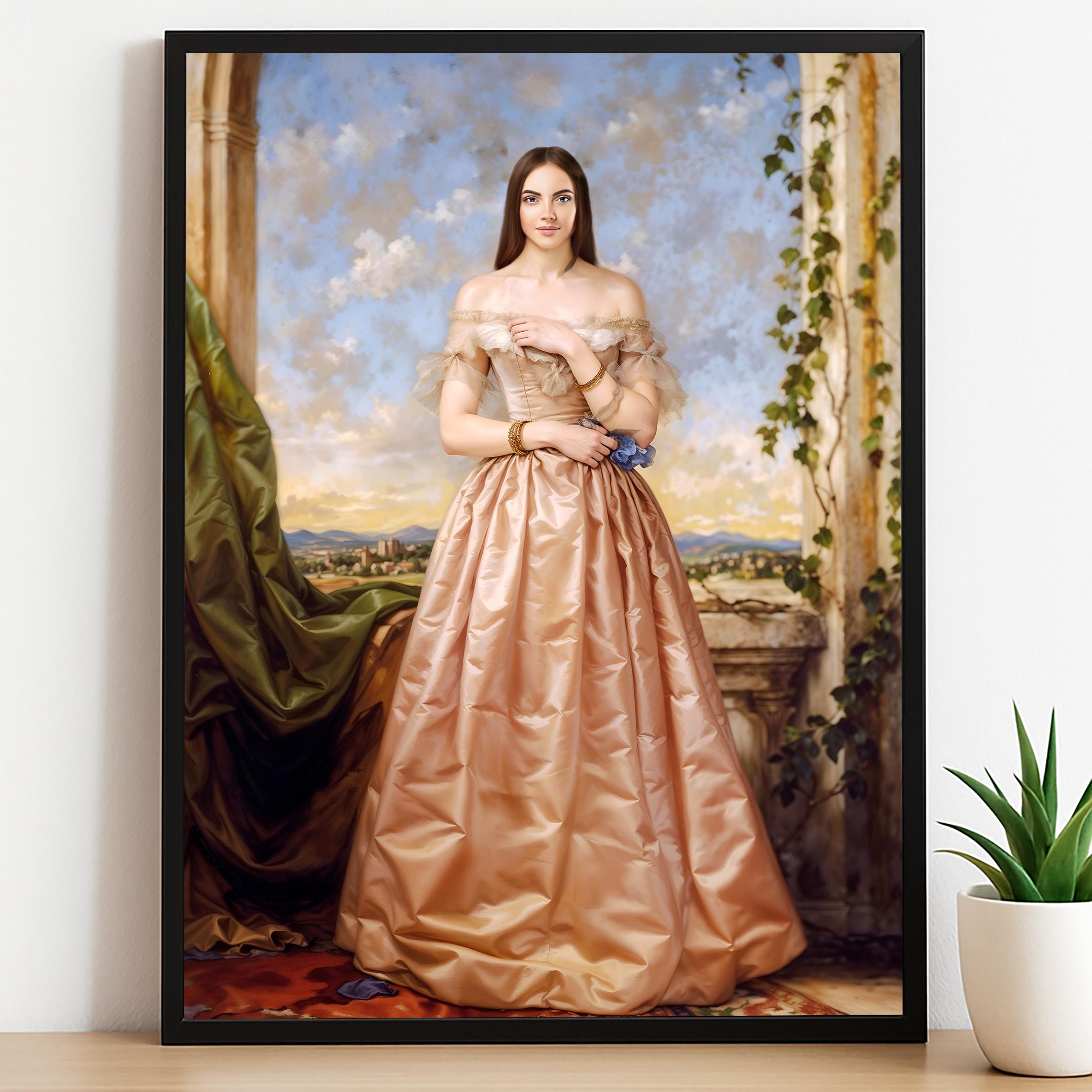 Custom Renaissance Portrait of Woman in Peach Gown and Scenic Background