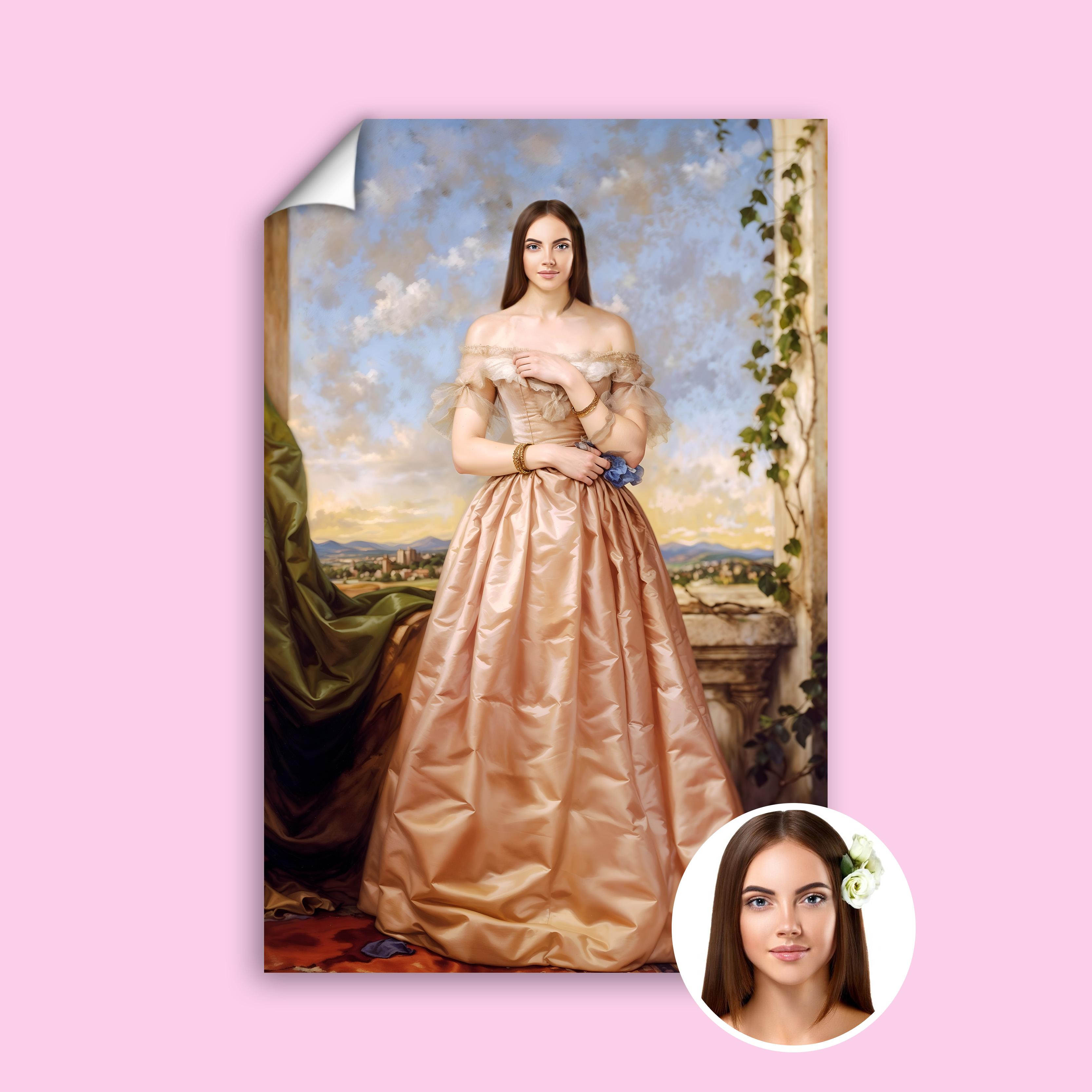 Custom Renaissance Portrait of Woman in Peach Gown and Scenic Background