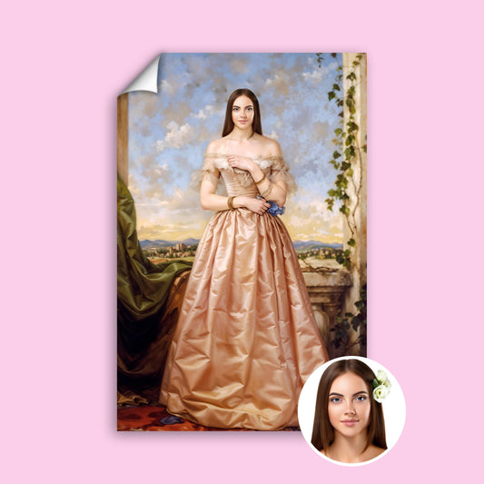 Custom Renaissance Portrait of Woman in Peach Gown and Scenic Background