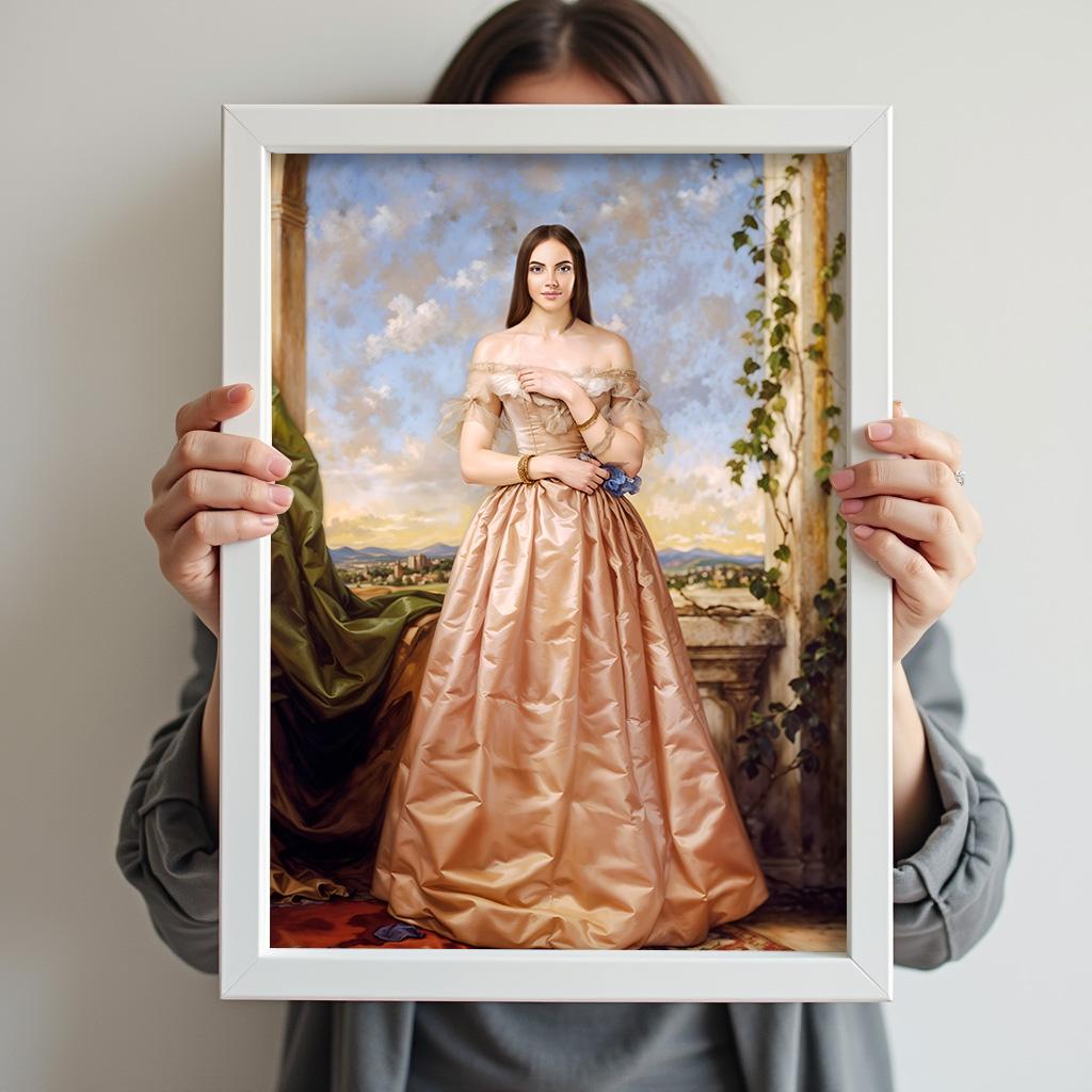 Custom Renaissance Portrait of Woman in Peach Gown and Scenic Background