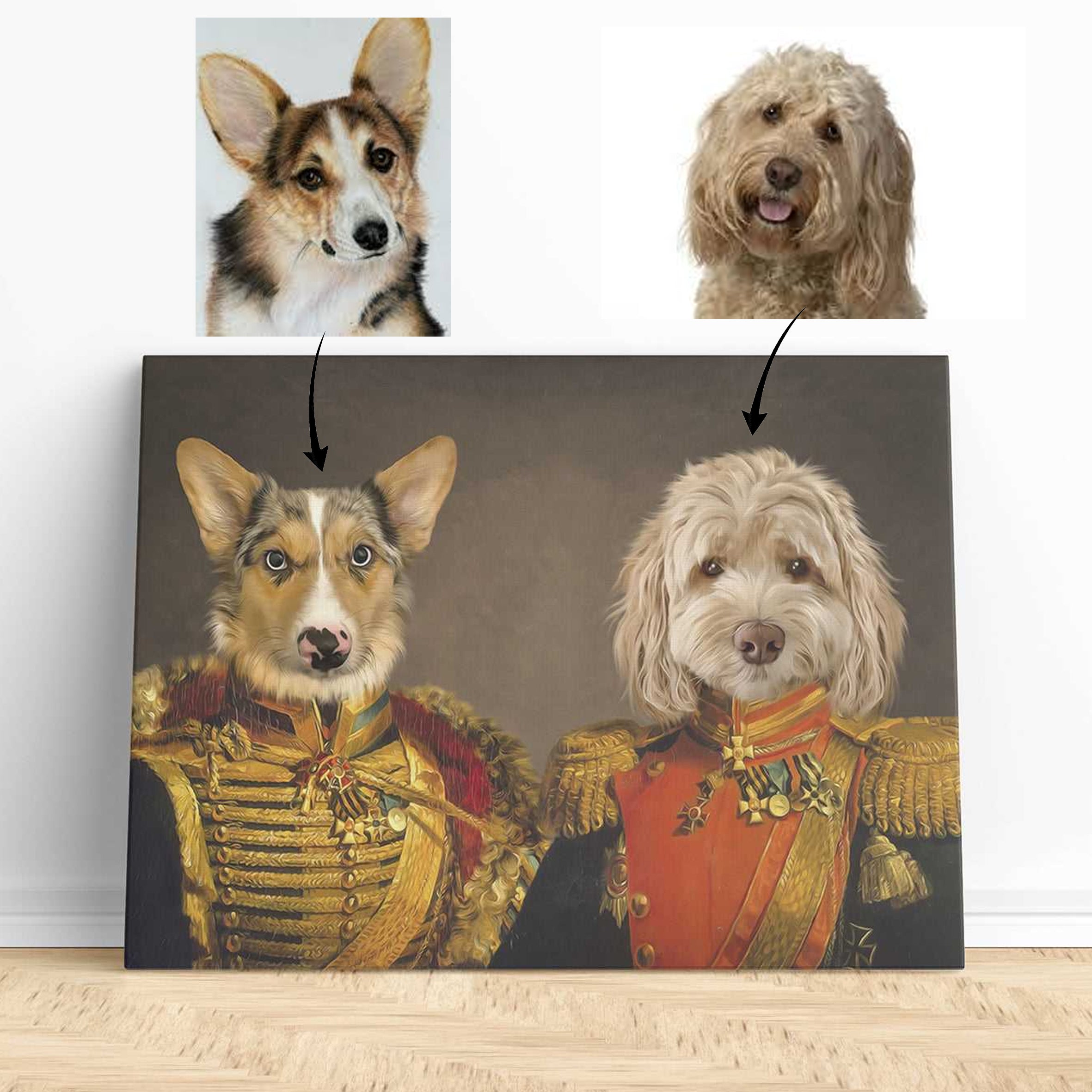 Custom pet portrait featuring two dogs or cats dressed in regal military uniforms, standing side by side with medals and proud expressions