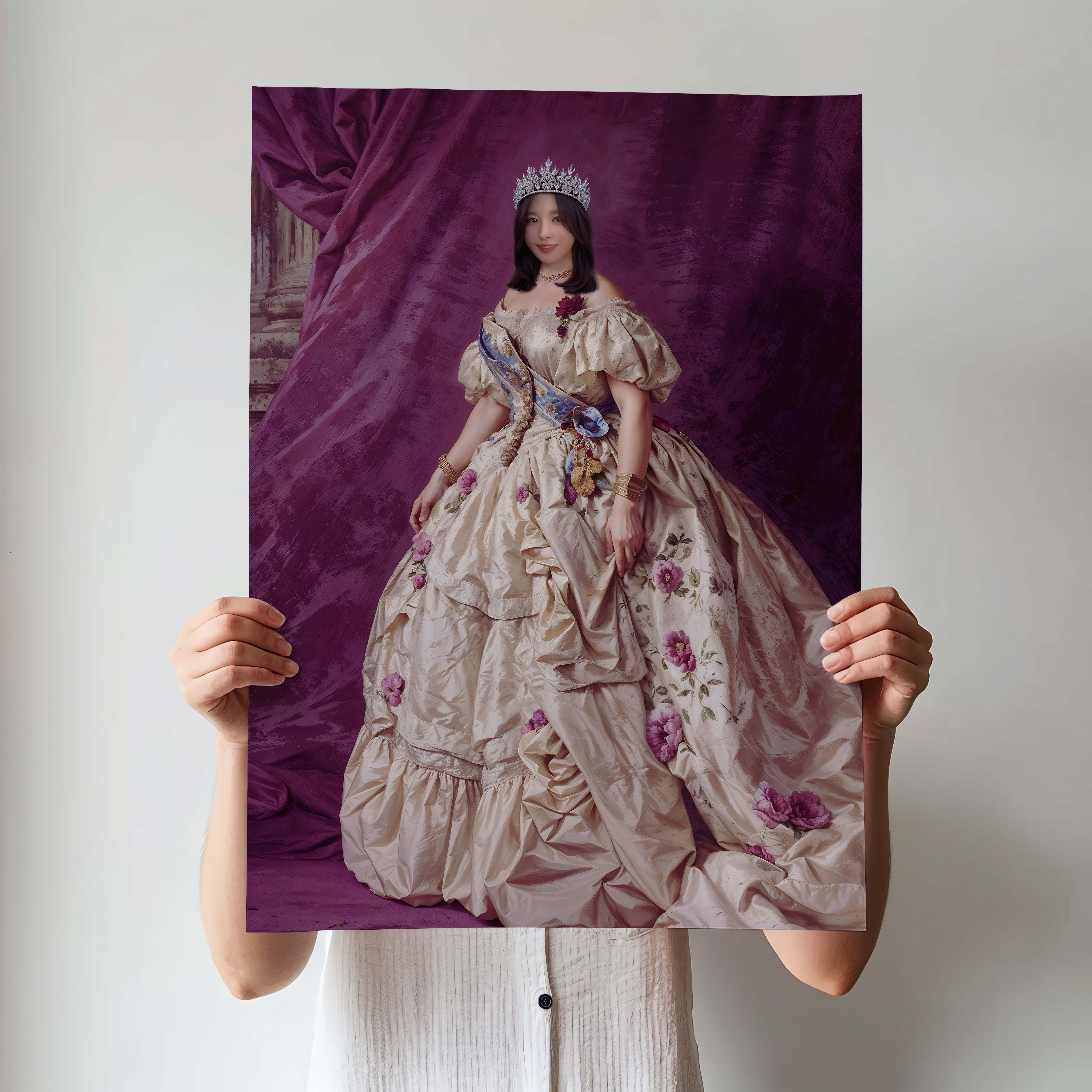 Victorian Style Custom Portrait of Woman in Floral Royal Dress with Tiara