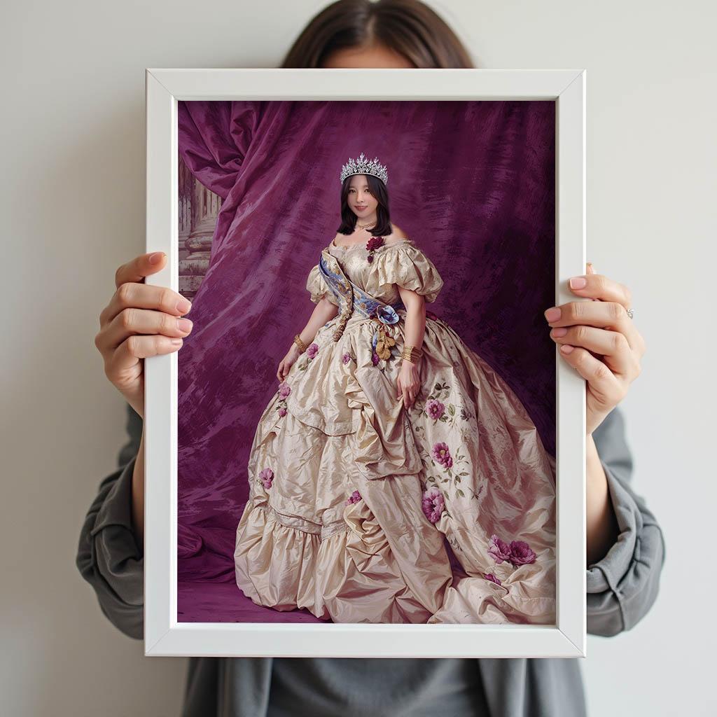 Victorian Style Custom Portrait of Woman in Floral Royal Dress with Tiara