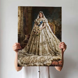 Custom Queen Bride Portrait – Woman in White Cape with Crown and Flowers