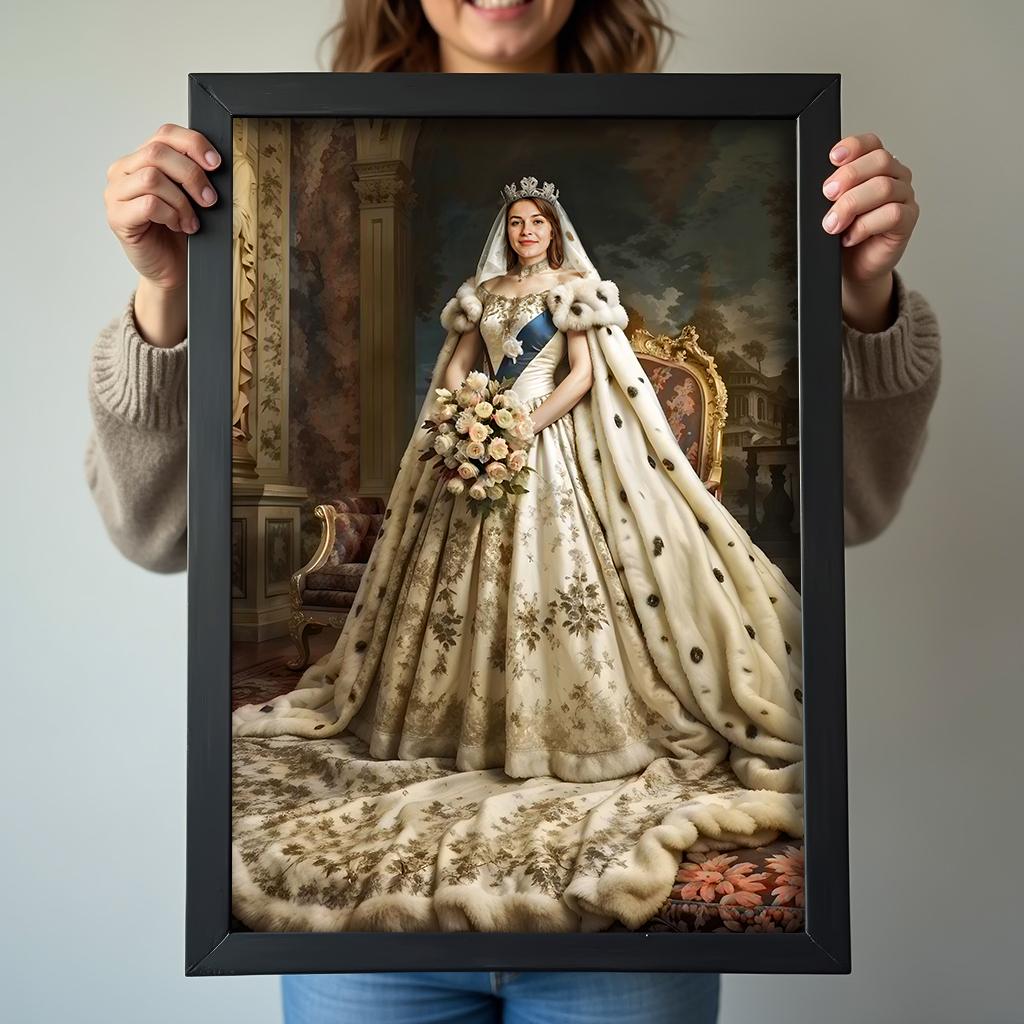 Custom Queen Bride Portrait – Woman in White Cape with Crown and Flowers
