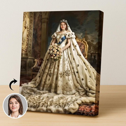 Custom Queen Bride Portrait – Woman in White Cape with Crown and Flowers